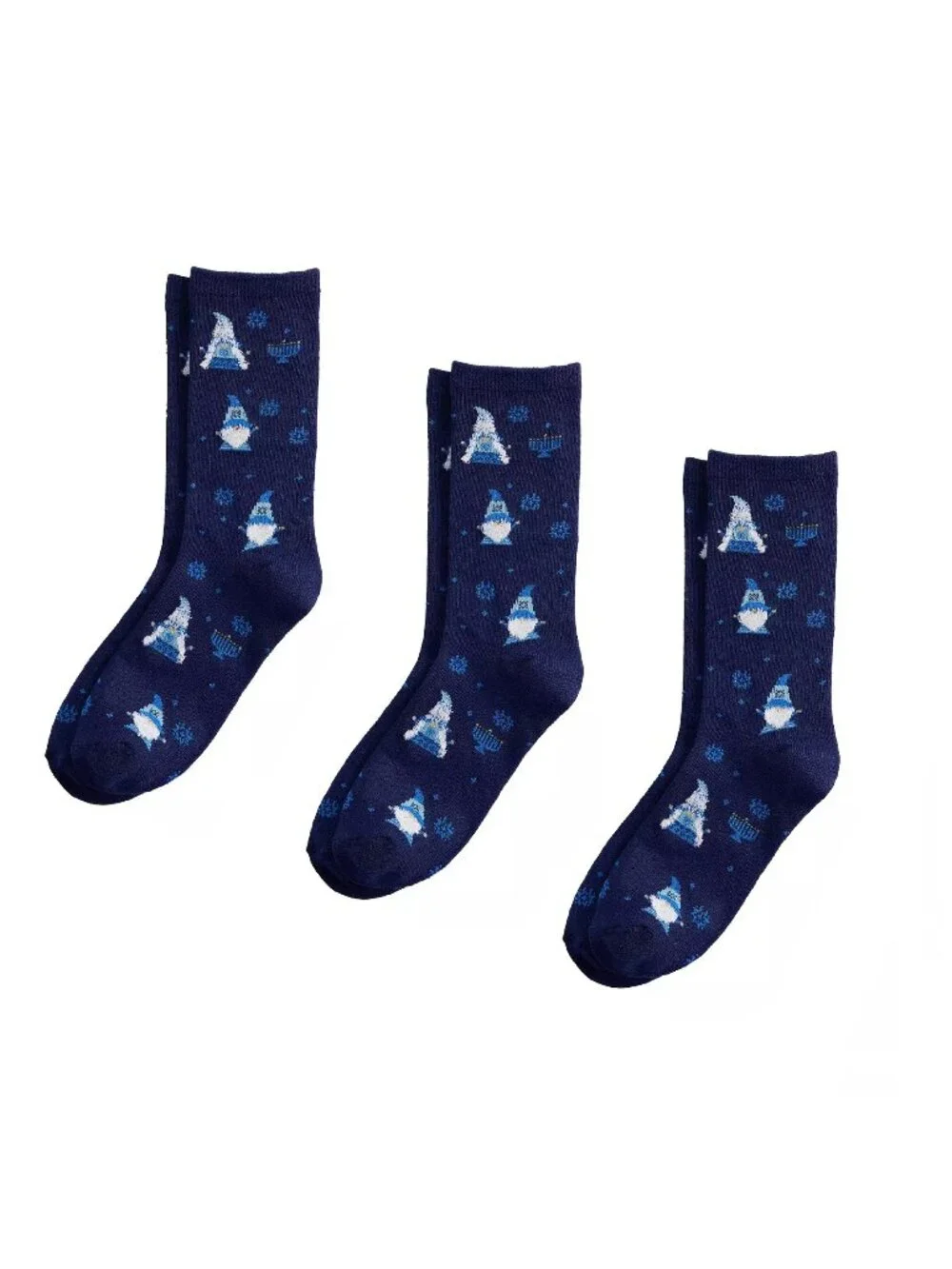 3 pairs of Women's Navy Blue Crew Socks featuring Hannukah Gnomes + Menorahs